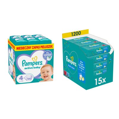 Pieluchy PAMPERS Active Baby Monthly Box 4 Maxi (180 szt.) + Chusteczki nawilżane PAMPERS Fresh Clean (1200 szt.)