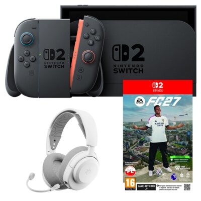 Konsola NINTENDO Switch 2 Czarny + EA SPORTS FC 27 Gra NINTENDO SWITCH 2 + Słuchawki STEELSERIES Arctis Nova 3P Bezprzewodowe, Nauszne, Dźwięk przestrzenny Biały