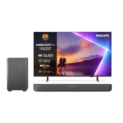 Telewizor PHILIPS 43PUS8560 43" QLED 4K Titan OS Ambilight x3 Dolby Atmos Dolby HDMI 2.1 + Soundbar PHILIPS TAB5309/10 Szary 2.1-kanałowy, Bezprzewodowy Subwoofer, HDMI-CEC, DTS Virtual:X, Dolby Digital+