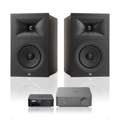 Wzmacniacz WIIM Vibelink Amp Ciemnoszary + Streamer odtwarzacz sieciowy WIIM Ultra Szary + Podstawkowe kolumny głośnikowe JBL STAGE 2 250B Czarne (2 szt.), Obudowa MDF, Bas Reflex, Tweeter z anodyzowanego aluminium