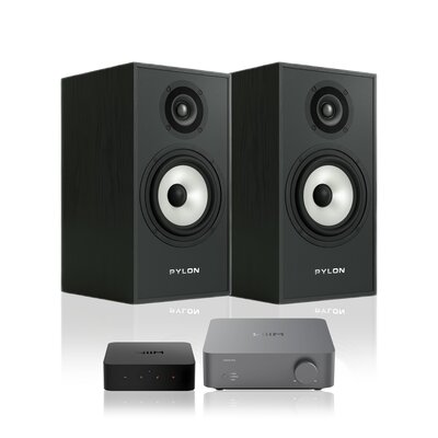 Wzmacniacz WIIM Vibelink Amp Ciemnoszary + Odtwarzacz sieciowy WIIM Pro Plus + Kolumny głośnikowe PYLON AUDIO Pearl Monitor Czarny jesion (2 szt.)