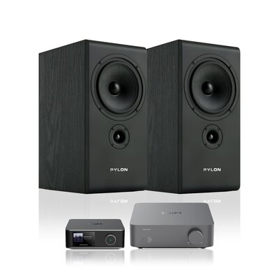 Wzmacniacz WIIM Vibelink Amp Ciemnoszary + Streamer odtwarzacz sieciowy WIIM Ultra Szary + Kolumny głośnikowe PYLON AUDIO Opal Monitor Czarny jesion (2 szt.)