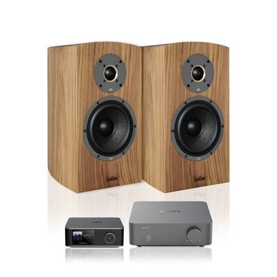 Wzmacniacz WIIM Vibelink Amp Ciemnoszary + Streamer odtwarzacz sieciowy WIIM Ultra Szary + Kolumny głośnikowe TAGA HARMONY Diamond B-60 V.3 Orzech (2 szt.)