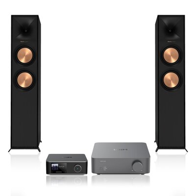 Wzmacniacz WIIM Vibelink Amp Ciemnoszary + Streamer odtwarzacz sieciowy WIIM Ultra Szary + Podłogowa kolumna głośnikowa KLIPSCH R-600F Czarna (2 szt.), Obudowa MDF, Typ Bass Reflex, Port Tractrix, Miedziane membrany