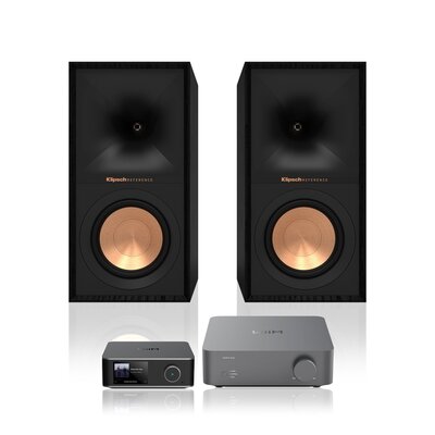 Wzmacniacz WIIM Vibelink Amp Ciemnoszary + Streamer odtwarzacz sieciowy WIIM Ultra Szary + Podstawkowe kolumny głośnikowe KLIPSCH R-50M Czarne (2 szt.), Obudowa MDF, Typ Bass Reflex, Membrana TCP w kolorze miedzi