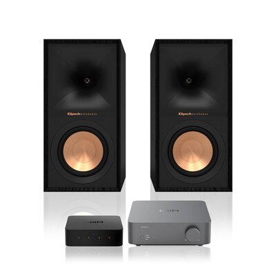Wzmacniacz WIIM Vibelink Amp Ciemnoszary + Odtwarzacz sieciowy WIIM Pro Plus + Podstawkowe kolumny głośnikowe KLIPSCH R-50M Czarne (2 szt.), Obudowa MDF, Typ Bass Reflex, Membrana TCP w kolorze miedzi