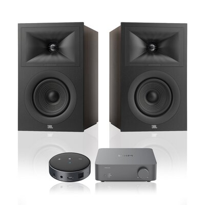 Wzmacniacz WIIM Vibelink Amp Ciemnoszary + Odtwarzacz sieciowy ARYLIC WiiM Mini Czarny + Podstawkowe kolumny głośnikowe JBL STAGE 2 250B Czarne (2 szt.), Obudowa MDF, Bas Reflex, Tweeter z anodyzowanego aluminium