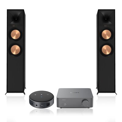 Wzmacniacz WIIM Vibelink Amp Ciemnoszary + Odtwarzacz sieciowy ARYLIC WiiM Mini Czarny + Podłogowa kolumna głośnikowa KLIPSCH R-600F Czarna (2 szt.), Obudowa MDF, Typ Bass Reflex, Port Tractrix, Miedziane membrany