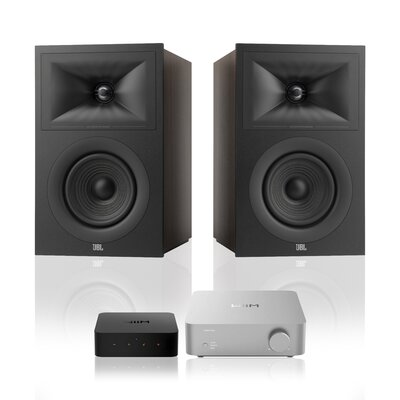 Wzmacniacz WIIM Vibelink Amp Srebrny + Odtwarzacz sieciowy WIIM Pro Plus + Podstawkowe kolumny głośnikowe JBL STAGE 2 250B Czarne (2 szt.), Obudowa MDF, Bas Reflex, Tweeter z anodyzowanego aluminium