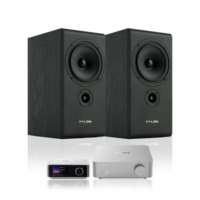 Wzmacniacz WIIM Vibelink Amp Srebrny + Streamer odtwarzacz sieciowy WIIM Ultra Srebrny + Kolumny głośnikowe PYLON AUDIO Opal Monitor Czarny jesion (2 szt.)