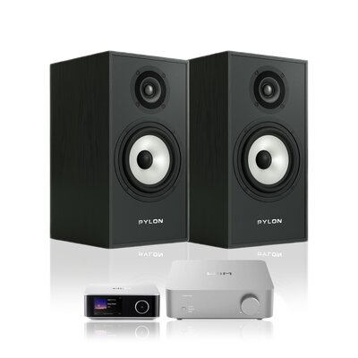 Wzmacniacz WIIM Vibelink Amp Srebrny + Streamer odtwarzacz sieciowy WIIM Ultra Srebrny + Kolumny głośnikowe PYLON AUDIO Pearl Monitor Czarny jesion (2 szt.)