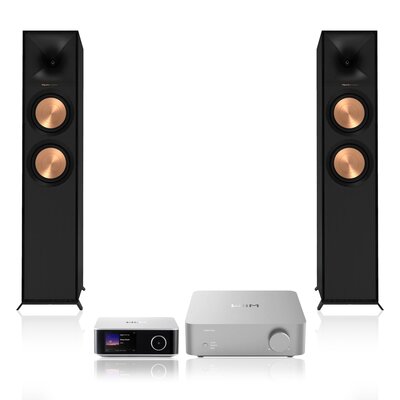 Wzmacniacz WIIM Vibelink Amp Srebrny + Streamer odtwarzacz sieciowy WIIM Ultra Srebrny + Podłogowa kolumna głośnikowa KLIPSCH R-600F Czarna (2 szt.), Obudowa MDF, Typ Bass Reflex, Port Tractrix, Miedziane membrany
