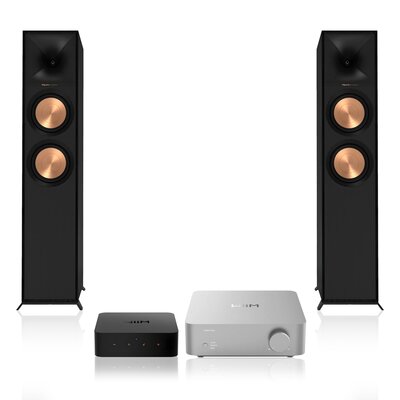 Wzmacniacz WIIM Vibelink Amp Srebrny + Odtwarzacz sieciowy WIIM Pro Plus + Podłogowa kolumna głośnikowa KLIPSCH R-600F Czarna (2 szt.), Obudowa MDF, Typ Bass Reflex, Port Tractrix, Miedziane membrany