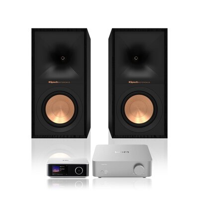 Wzmacniacz WIIM Vibelink Amp Srebrny + Streamer odtwarzacz sieciowy WIIM Ultra Srebrny + Podstawkowe kolumny głośnikowe KLIPSCH R-50M Czarne (2 szt.), Obudowa MDF, Typ Bass Reflex, Membrana TCP w kolorze miedzi