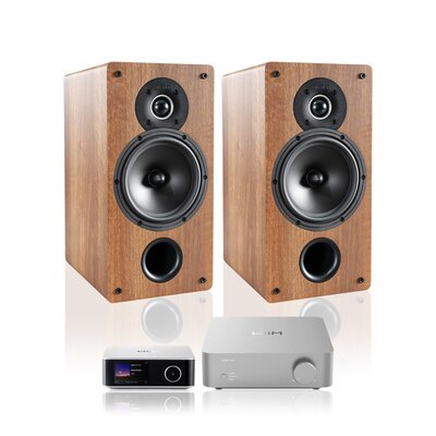 Wzmacniacz WIIM Vibelink Amp Srebrny + Streamer odtwarzacz sieciowy WIIM Ultra Srebrny + Kolumny głośnikowe INDIANA LINE Tesi 261 Orzech (2 szt.)