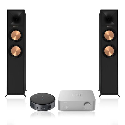 Wzmacniacz WIIM Vibelink Amp Srebrny + Odtwarzacz sieciowy ARYLIC WiiM Mini Czarny + Podłogowa kolumna głośnikowa KLIPSCH R-600F Czarna (2 szt.), Obudowa MDF, Typ Bass Reflex, Port Tractrix, Miedziane membrany