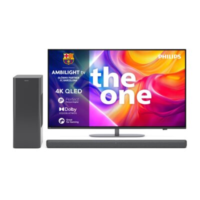 Telewizor PHILIPS 55PUS9060 55" QLED 4K 144Hz VRR Titan OS Ambilight x3 Dolby Atmos Dolby Vision HDMI 2.1 + Soundbar PHILIPS TAB8200/10 Szary 2.1-kanałowy, Bezprzewodowy Subwoofer, HDMI eARC, Dolby Atmos, DTS Virtual:X, BT