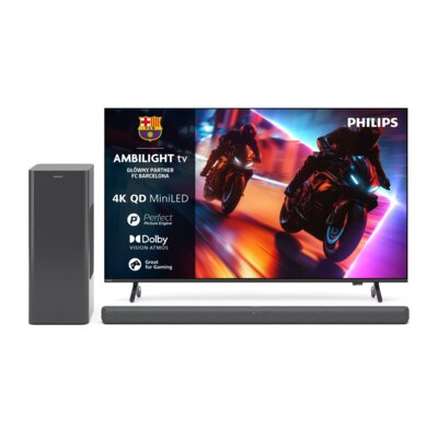 Telewizor PHILIPS 55MLED920 55" QD-Mini LED 4K 144Hz VRR Titan OS Ambilight x3 Dolby Atmos Dolby Vision HDMI 2.1 + Soundbar PHILIPS TAB8200/10 Szary 2.1-kanałowy, Bezprzewodowy Subwoofer, HDMI eARC, Dolby Atmos, DTS Virtual:X, BT