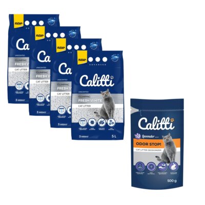 Żwirek dla kota CALITTI Fresh White 4 x 5L + Neutralizator zapachu CALITTI Odor Stop! Lawenda 500 g
