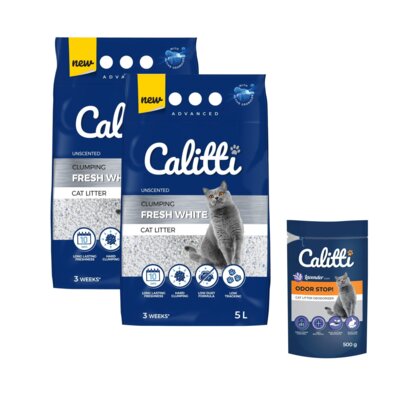 Żwirek dla kota CALITTI Fresh White 2 x 5L + Neutralizator zapachu CALITTI Odor Stop! Lawenda 500 g