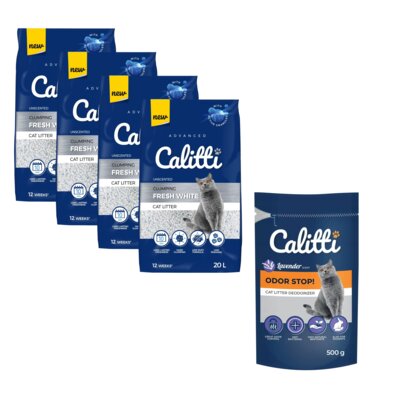 Żwirek dla kota CALITTI Fresh White 4 x 20L + Neutralizator zapachu CALITTI Odor Stop! Lawenda 500 g