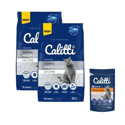 Żwirek dla kota CALITTI Fresh White 2 x 20L + Neutralizator zapachu CALITTI Odor Stop! Lawenda 500 g