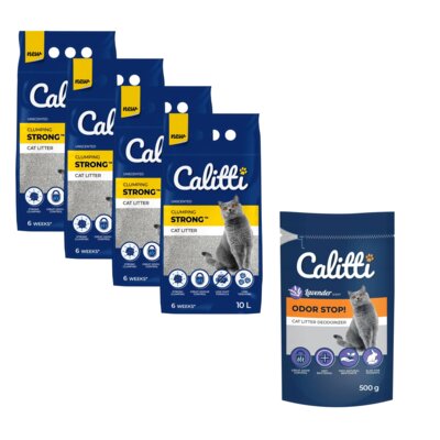 Żwirek dla kota CALITTI Strong Unscented 4 x 10 L + Neutralizator zapachu CALITTI Odor Stop! Lawenda 500 g