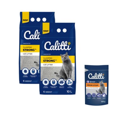 Żwirek dla kota CALITTI Strong Unscented 2 x 10 L + Neutralizator zapachu CALITTI Odor Stop! Lawenda 500 g