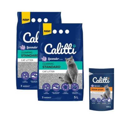 Żwirek dla kota CALITTI Standard Lavender 2 x 5 L + Neutralizator zapachu CALITTI Odor Stop! Lawenda 500 g