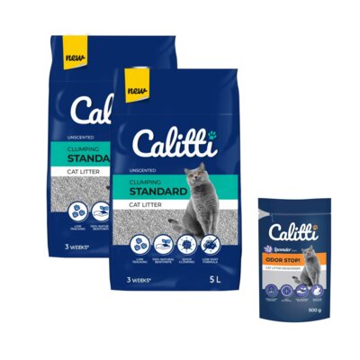 Żwirek dla kota CALITTI Standard Unscented 2 x 5 L + Neutralizator zapachu CALITTI Odor Stop! Lawenda 500 g