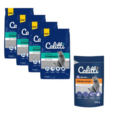 Żwirek dla kota CALITTI Standard Unscented 4 x 25 L + Neutralizator zapachu CALITTI Odor Stop! Lawenda 500 g