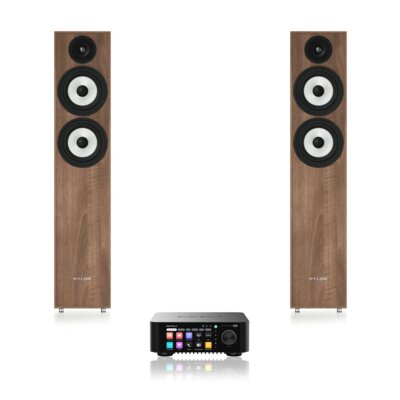 Wzmacniacz ALL IN ONE EVERSOLO Play Czarny + Podłogowa kolumna głośnikowa PYLON AUDIO PEARL 25 Orzech (2 szt.), Obudowa MDF, Typ Bass Reflex, Pasmo od 35Hz do 20kHz