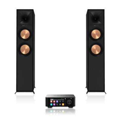 Wzmacniacz ALL IN ONE EVERSOLO Play Czarny + Podłogowa kolumna głośnikowa KLIPSCH R-600F Czarna (2 szt.), Obudowa MDF, Typ Bass Reflex, Port Tractrix, Miedziane membrany