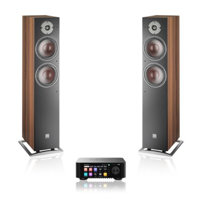 Wzmacniacz ALL IN ONE EVERSOLO Play Czarny + Podłogowa kolumna głośnikowa DALI OBERON 7 Ciemny Orzech (2 szt.), Obudowa MDF, Średnio/niskotonowy z włókna drzewnego