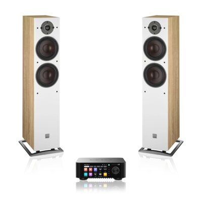Wzmacniacz ALL IN ONE EVERSOLO Play Czarny + Podłogowa kolumna głośnikowa DALI OBERON 7 Jasny Dąb (2 szt.), Obudowa MDF, Głośnik średnio/niskotonowy z włókna drzewnego