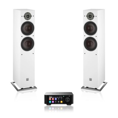 Wzmacniacz ALL IN ONE EVERSOLO Play Czarny + Podłogowa kolumna głośnikowa DALI OBERON 7 Biała (2 szt.), Obudowa MDF, Bass Reflex, Średnio/niskotonowy z włókna drzewnego