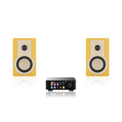 Wzmacniacz ALL IN ONE EVERSOLO Play Czarny, Wi-Fi, BT, Streamer muzyczny, Hi-Res Audio, PCM 32-bit/768kHz, DSD 512, Multiroom + Kolumny głośnikowe DALI Kupid Żółty (2 szt.)