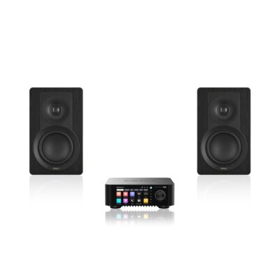 Wzmacniacz ALL IN ONE EVERSOLO Play Czarny, Wi-Fi, BT, Streamer muzyczny, Hi-Res Audio, PCM 32-bit/768kHz, DSD 512, Multiroom + Kolumny głośnikowe DALI Kupid Czarny (2 szt.)