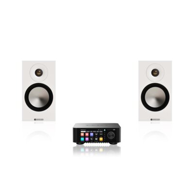 Wzmacniacz ALL IN ONE EVERSOLO Play Czarny, Wi-Fi, BT, Streamer muzyczny, Hi-Res Audio, PCM 32-bit/768kHz, DSD 512, Multiroom + Podstawkowe kolumny głośnikowe MONITOR AUDIO 50 7G Biały (2 szt.)