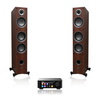 Wzmacniacz ALL IN ONE EVERSOLO Play Czarny, Wi-Fi, BT, Streamer muzyczny, Hi-Res Audio, PCM 32-bit/768kHz, DSD 512, Multiroom + Kolumny głośnikowe TAGA HARMONY TAV-507F Orzech (2 szt.)