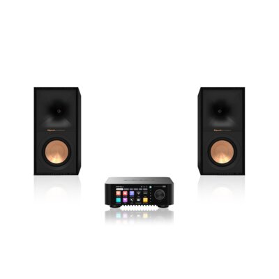 Wzmacniacz ALL IN ONE EVERSOLO Play Czarny + Podstawkowe kolumny głośnikowe KLIPSCH R-50M Czarne (2 szt.), Obudowa MDF, Typ Bass Reflex, Membrana TCP w kolorze miedzi