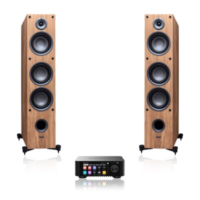 Wzmacniacz ALL IN ONE EVERSOLO Play Czarny, Wi-Fi, BT, Streamer muzyczny, Hi-Res Audio, PCM 32-bit/768kHz, DSD 512, Multiroom + Kolumny głośnikowe TAGA HARMONY TAV-607F Dąb (2 szt.)