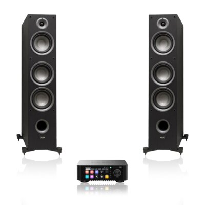 Wzmacniacz ALL IN ONE EVERSOLO Play Czarny, Wi-Fi, BT, Streamer muzyczny, Hi-Res Audio, PCM 32-bit/768kHz, DSD 512, Multiroom + Kolumny głośnikowe TAGA HARMONY TAV-607F Czarny (2 szt.)