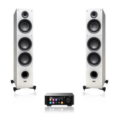 Wzmacniacz ALL IN ONE EVERSOLO Play Czarny, Wi-Fi, BT, Streamer muzyczny, Hi-Res Audio, PCM 32-bit/768kHz, DSD 512, Multiroom + Kolumny głośnikowe TAGA HARMONY TAV-607F Biały (2 szt.)