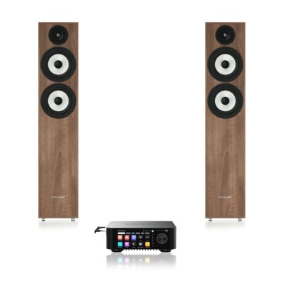 Wzmacniacz ALL IN ONE EVERSOLO Play CD Edition Czarny + Podłogowa kolumna głośnikowa PYLON AUDIO PEARL 25 Orzech (2 szt.), Obudowa MDF, Typ Bass Reflex, Pasmo od 35Hz do 20kHz