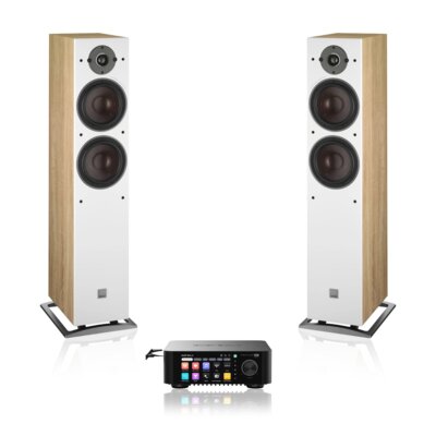 Wzmacniacz ALL IN ONE EVERSOLO Play CD Edition Czarny + Podłogowa kolumna głośnikowa DALI OBERON 7 Jasny Dąb (2 szt.), Obudowa MDF, Głośnik średnio/niskotonowy z włókna drzewnego