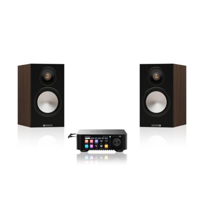 Wzmacniacz ALL IN ONE EVERSOLO Play CD Edition Czarny, Wi-Fi, BT, Streamer muzyczny, Hi-Res Audio, PCM 32-bit/768kHz, DSD 512 + Podstawkowe kolumny głośnikowe MONITOR AUDIO 50 7G Orzech (2 szt.)