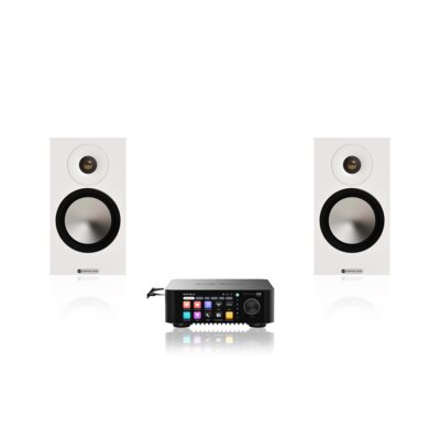 Wzmacniacz ALL IN ONE EVERSOLO Play CD Edition Czarny, Wi-Fi, BT, Streamer muzyczny, Hi-Res Audio, PCM 32-bit/768kHz, DSD 512 + Podstawkowe kolumny głośnikowe MONITOR AUDIO 50 7G Biały (2 szt.)