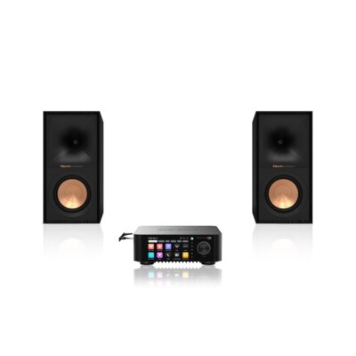 Wzmacniacz ALL IN ONE EVERSOLO Play CD Edition Czarny, Wi-Fi, BT, Streamer muzyczny, Hi-Res Audio, PCM 32-bit/768kHz, DSD 512 + Podstawkowe kolumny głośnikowe KLIPSCH R-50M Czarne (2 szt.), Obudowa MDF, Typ Bass Reflex, Membrana TCP w kolorze miedzi