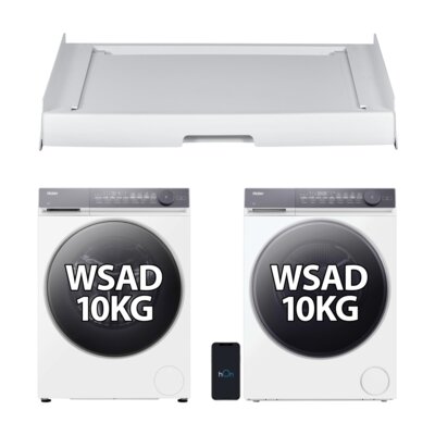 Pralka HAIER X7 HW100-BD14MEPU1 10kg 1400 obr/min Smart Dual Spray hOn Smart Dosing + Suszarka HAIER X7 MHDE10-C367U1 z pompą ciepła 10kg I-Refresh Ion Air Fresh I-Time hOn Woolmark + Łącznik do pralek i suszarek HAIER HASTKU10 z wysuwaną półką biały